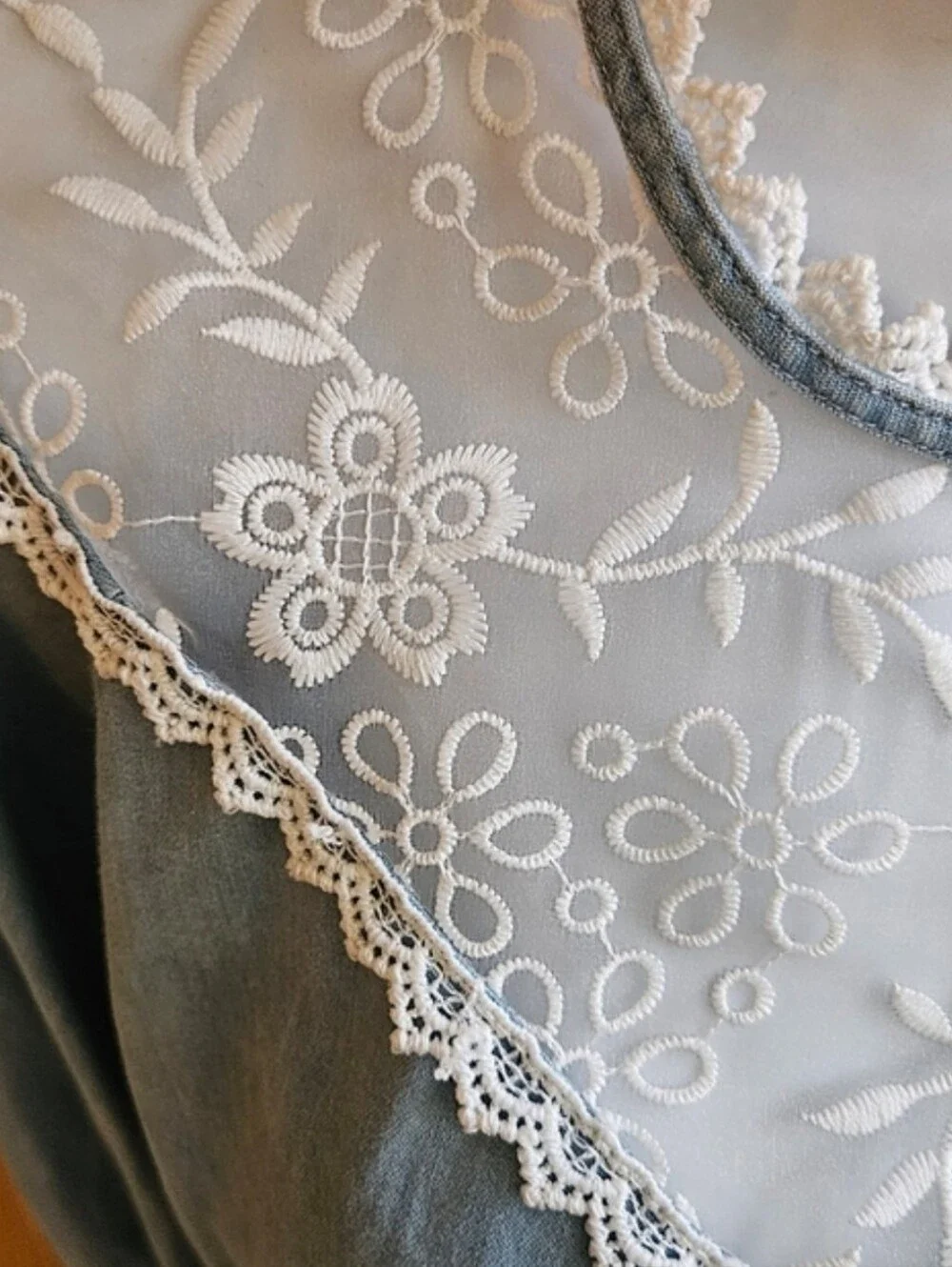 Zara Romantic Light Blue Cotton Blouse with White Embroidered Lace Yoke Medium